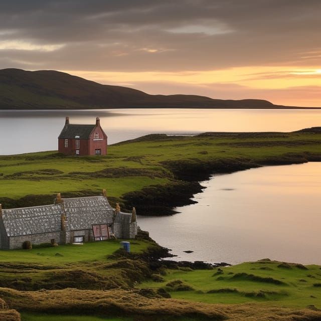 Scottish Croft House Sunset Over Tranquil Bay