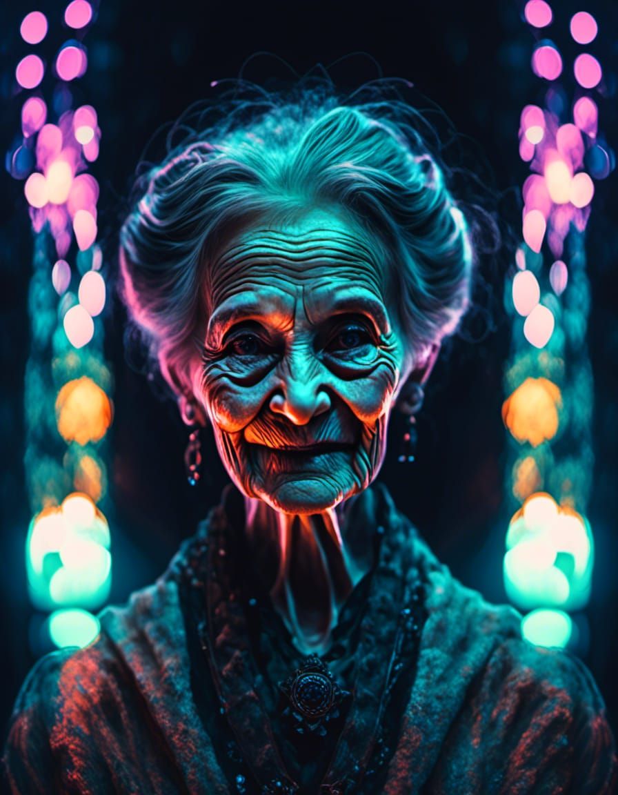 Sinister Old Woman in Neon Gothic Dystopia