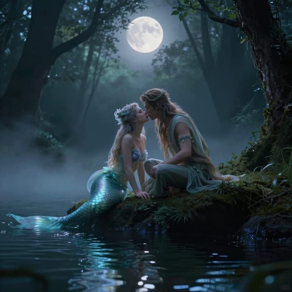 Fairy Man and Mermaid's Forbidden Love Under Moonlight