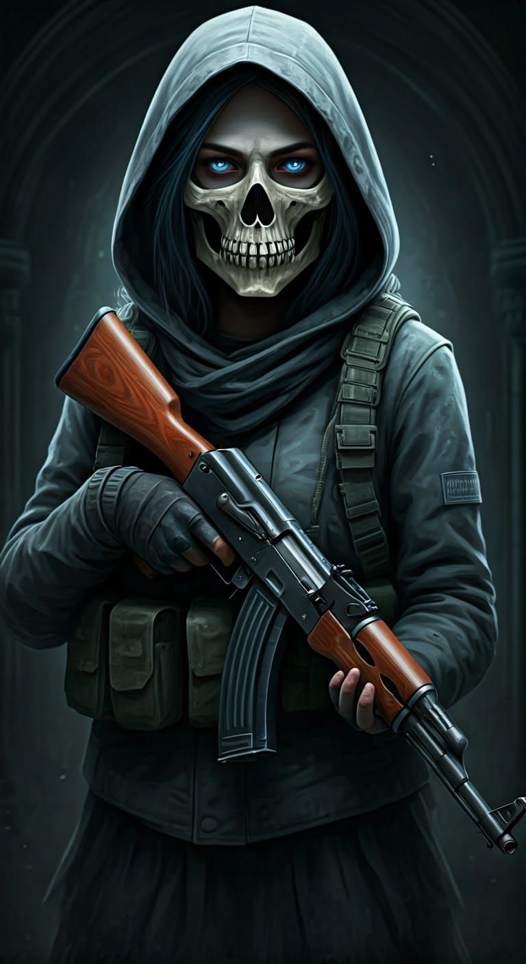 Ghostly Girl with AK-47: Dark Fantasy Skull Mask