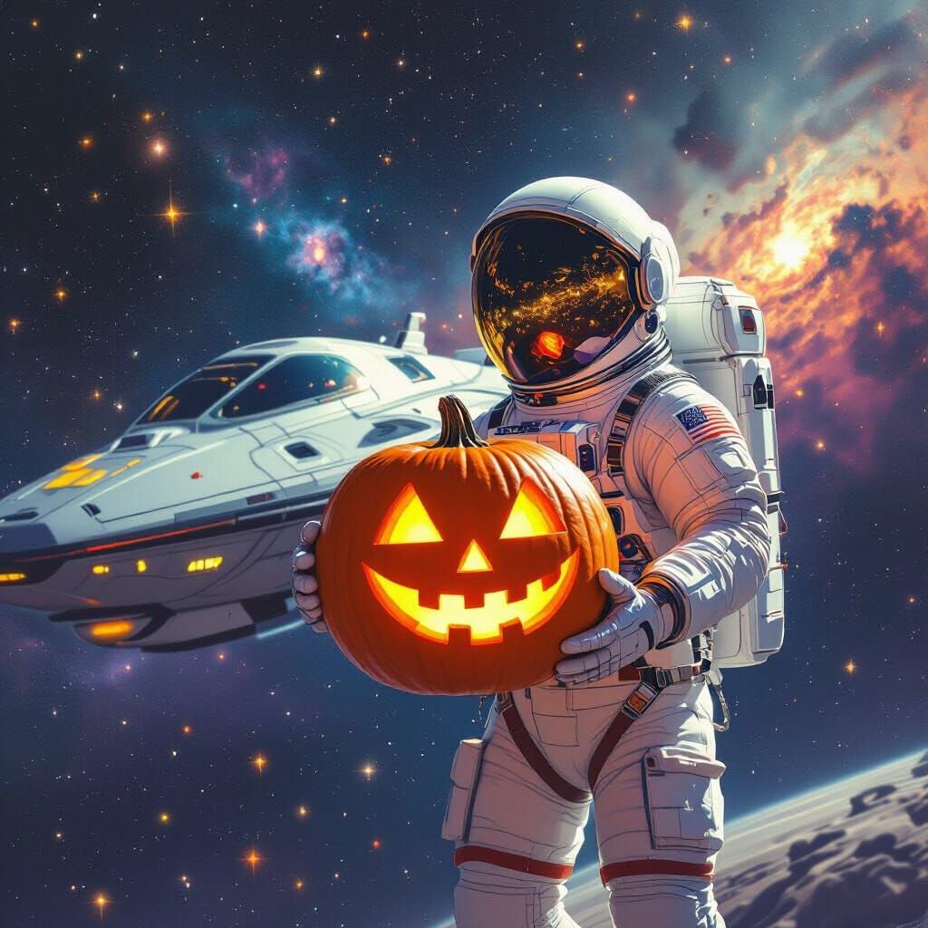 Astronaut Holds Glowing Pumpkin in Space Next to Spaceship