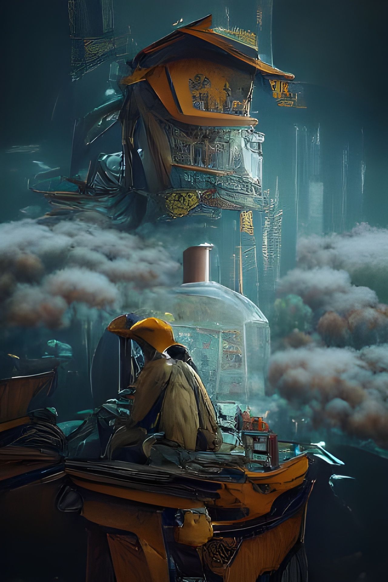 Dystopian Steampunk Figure in Post-Apocalyptic Landscape