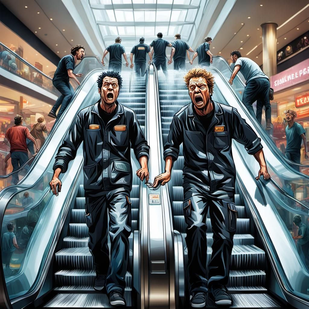 Escalator Technicians Repairing Escalator in Busy Shopping C...