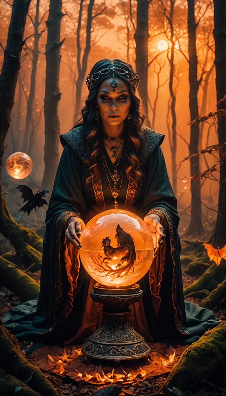 Ethereal Fortune Teller in Misty Forest Fantasy Art