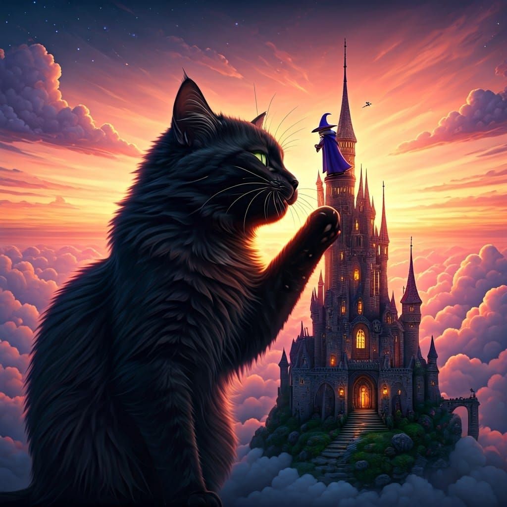 Black Cat and Magical Castle in Sunset Hues