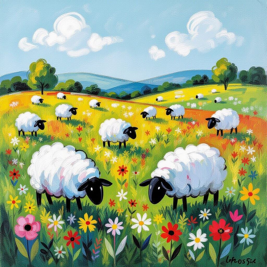 Abstract Sheep Meadow in Joan Miró Style