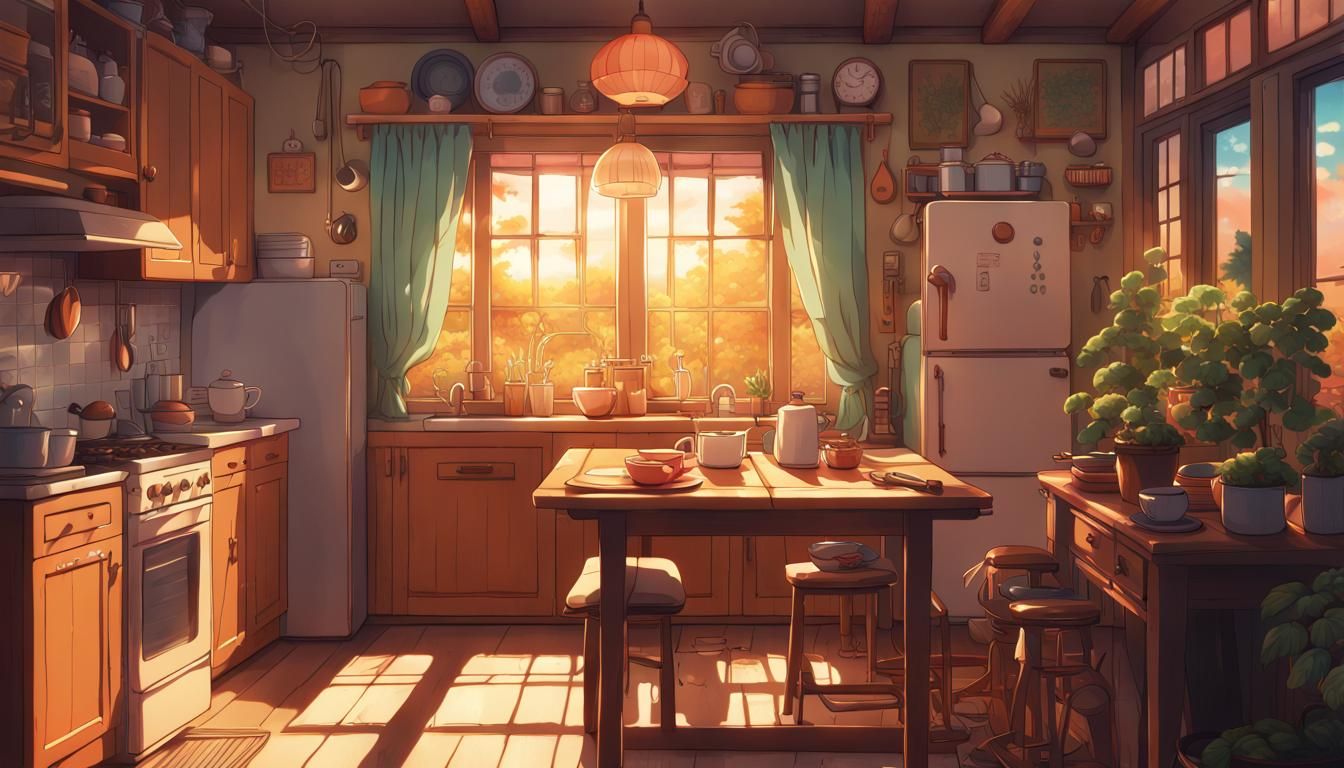 Cozy Bohemian Kitchen in Anime Style