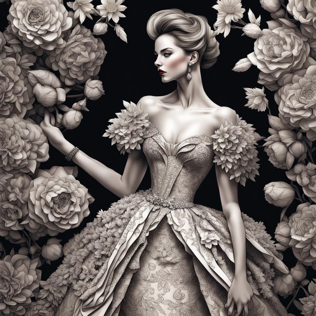 Fashionable Paper Doll with Flowers in Digital Line Art