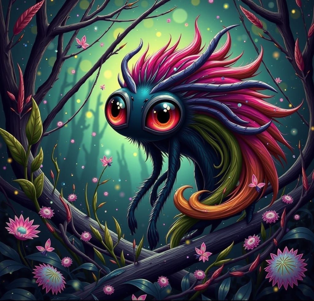 Furry Whimsical Creature in Forest, Murakami Style