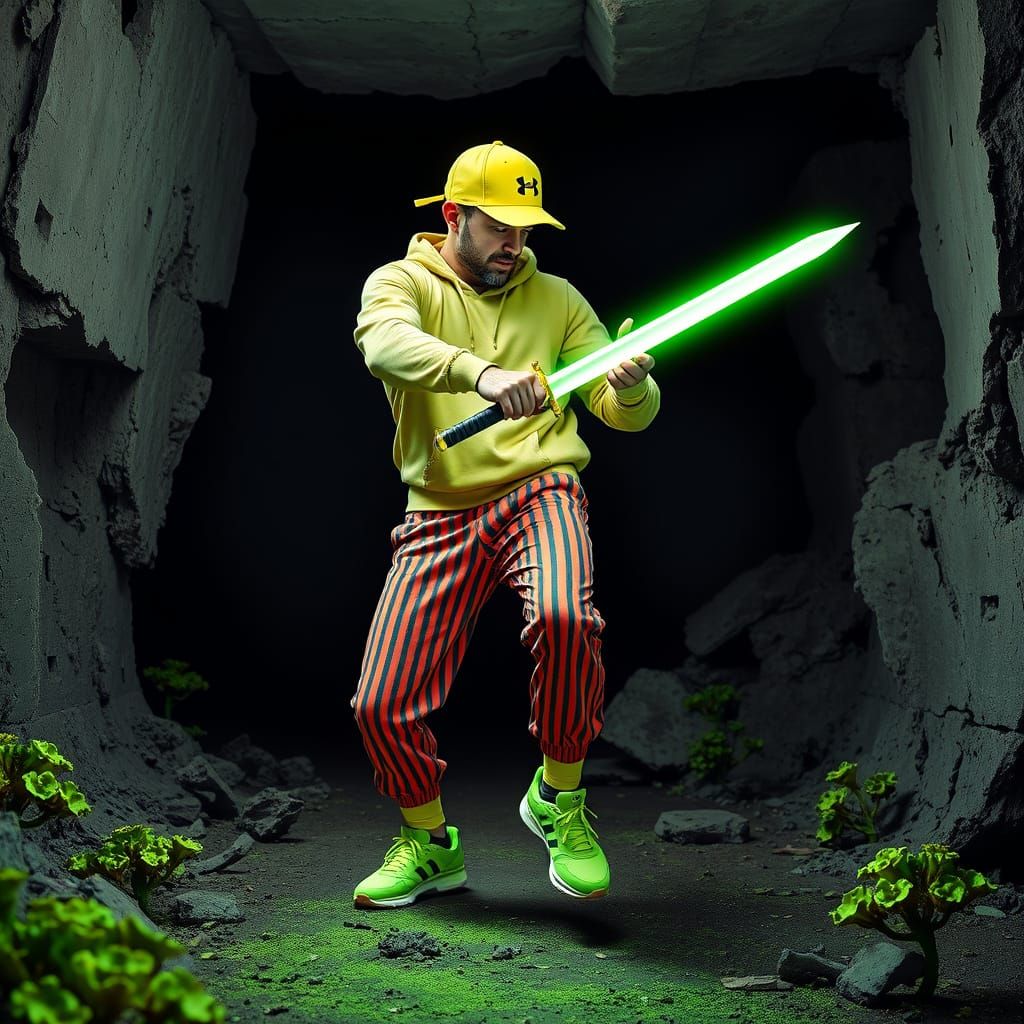 Futuristic Breakdancing Warrior in Neon Cave