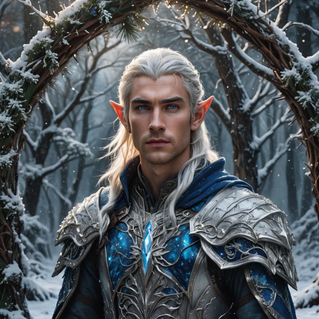 A highly detailed, hyper realistic, anatomically perfect, portrait of a young, handsome, Elven Warrior. Dressed in glitt...