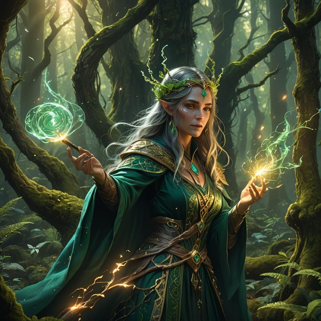 Mysterious Sorceress Casting Spell in Ancient Forest