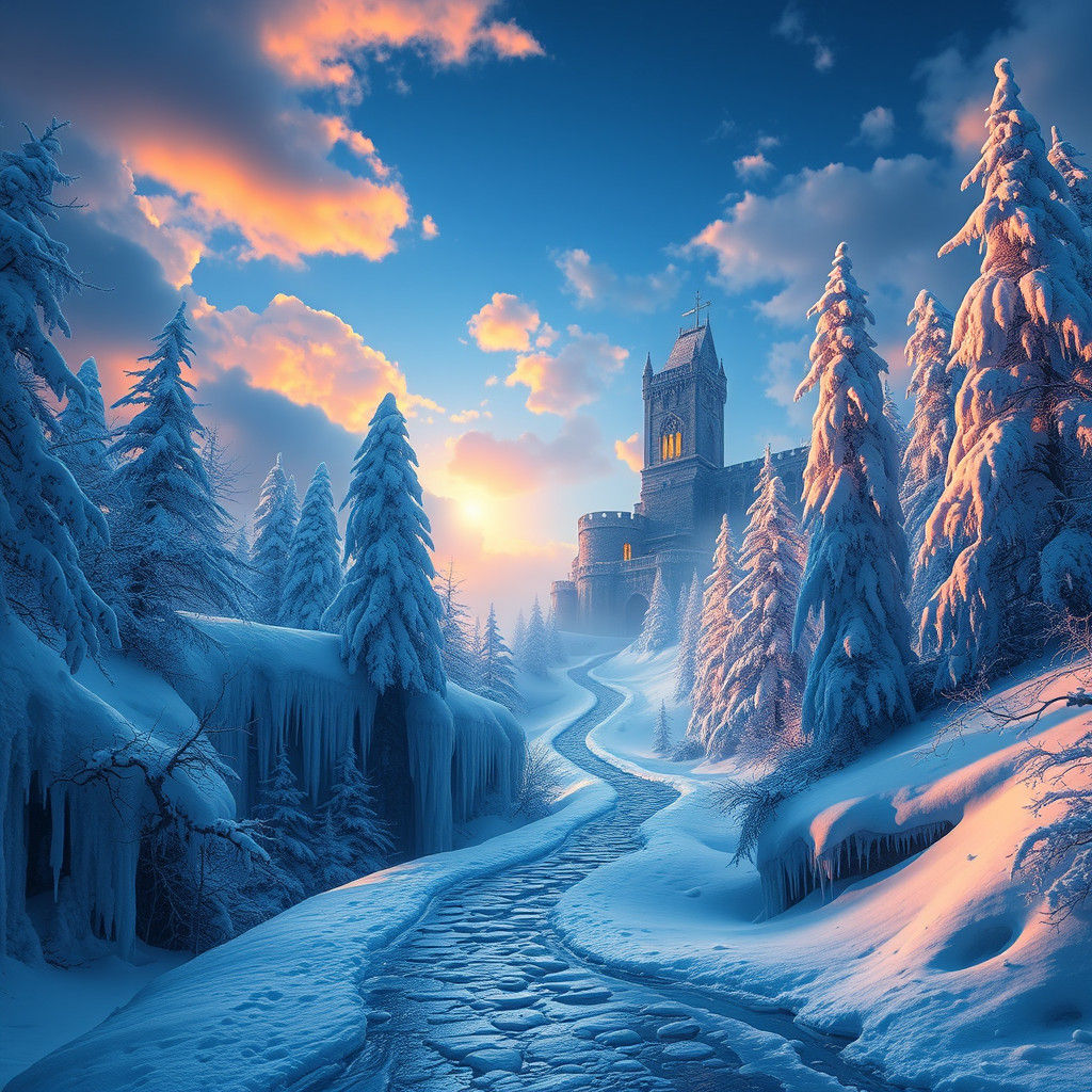 Mystical Winter Landscape with Ancient Castle