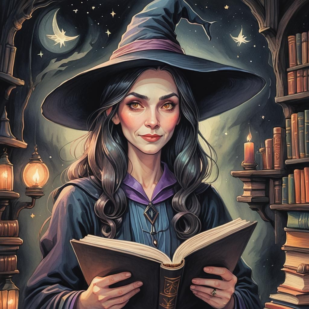 Whimsical Witch Reading, Cartoon Portrait in Pastel Hues