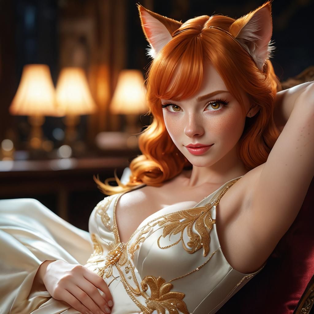 Ginger Catgirl in Silk Dress: Photorealistic Digital Art