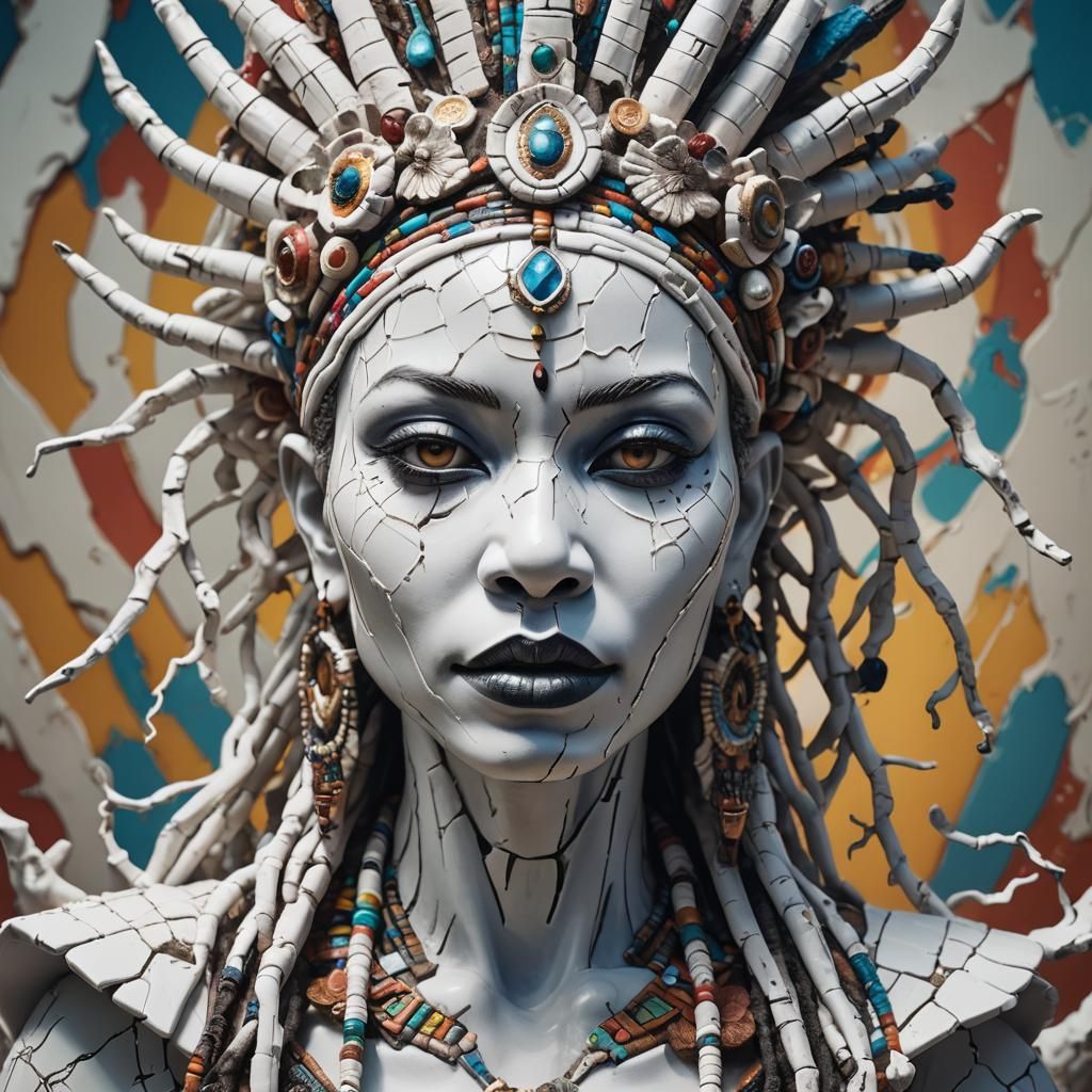 Cracked Porcelain Voodoo Goddess in Hyperrealistic Style