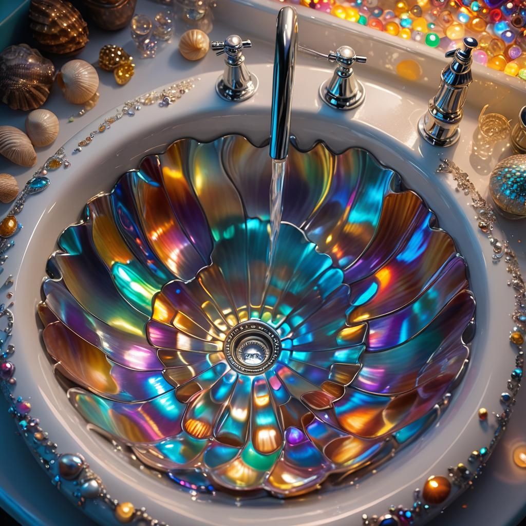 Iridescent Seashell Sink with Silver Filigree Taps