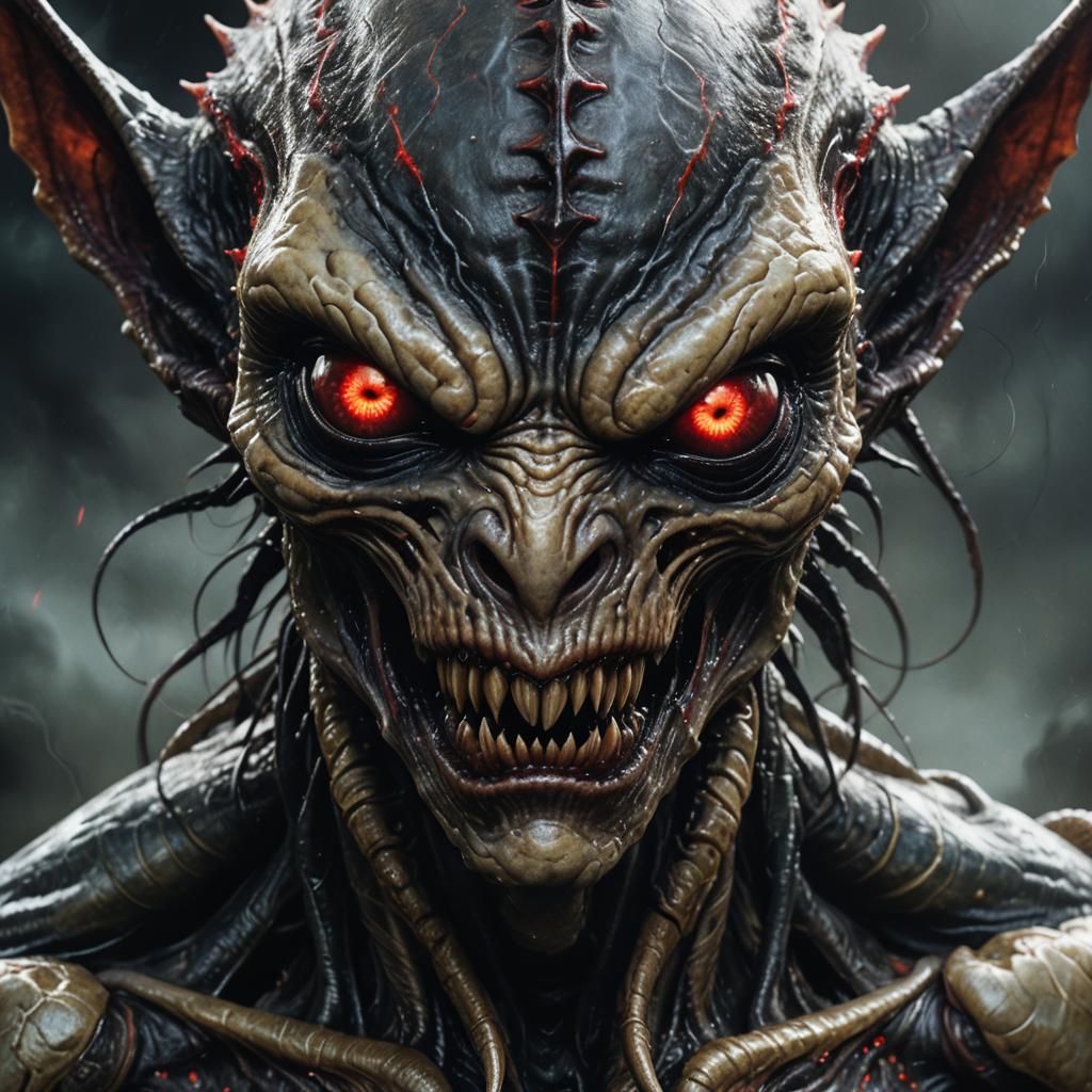Grotesque Alien Creature Stares Intensely in Dark Fantasy Ar...