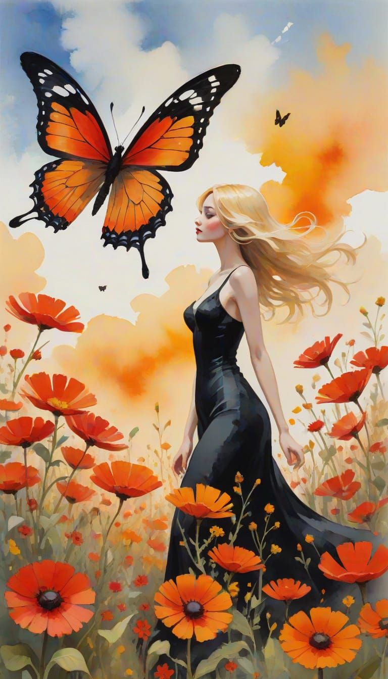 Butterfly Woman Silhouette in Klimt-like Gouache Style