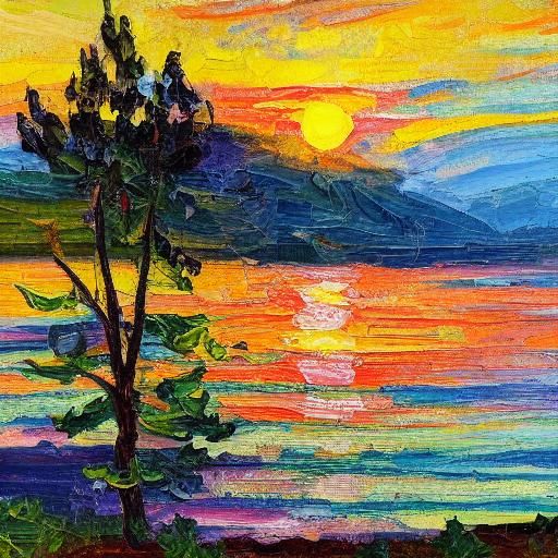 Lake House Sunset in Expressionist Oil Painting