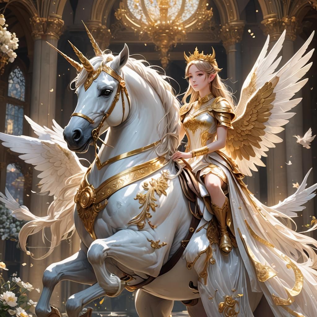 Anime Princess on Winged Unicorn in 3D Art