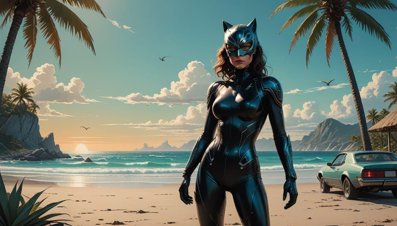 Hyperrealistic Catwoman on Tropical Beach in Latex Catsuit