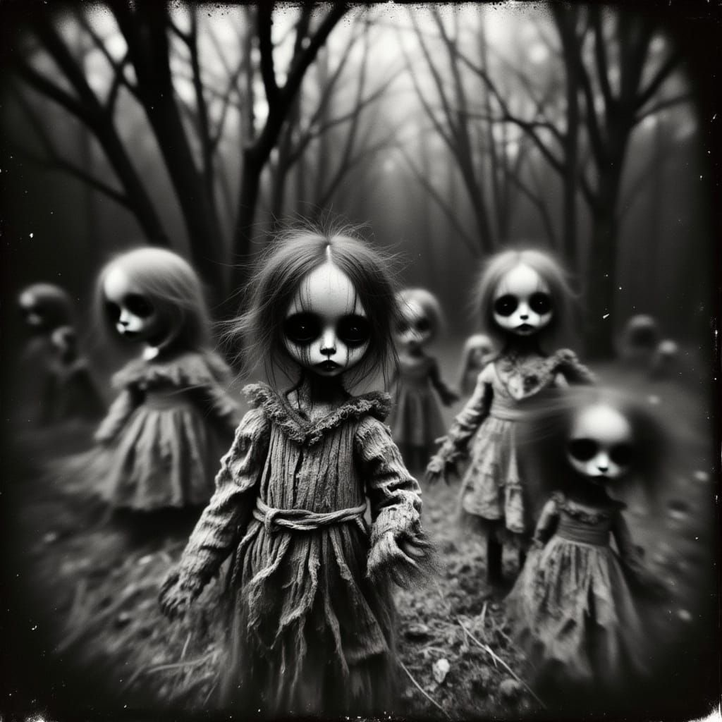 Scary Dolls in a Dark Victorian Horror Forest