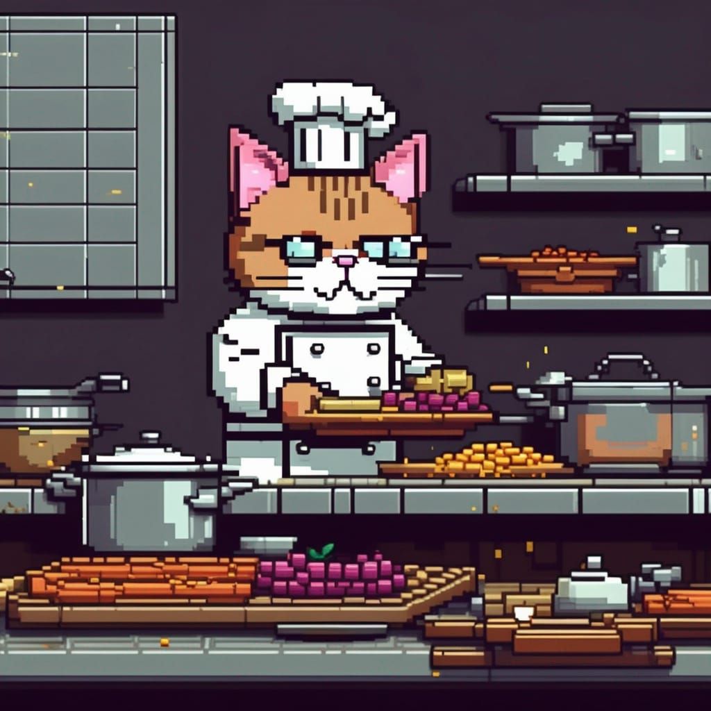 Hyperdetailed Retro Pixel Art of a Chef Cat