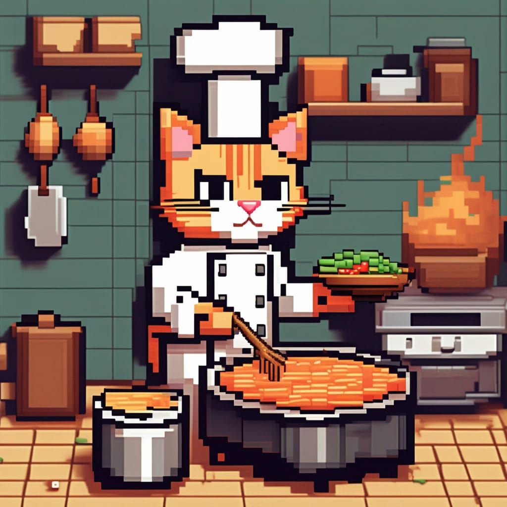 Hyperdetailed Pixel Art of a Chef Cat Cooking