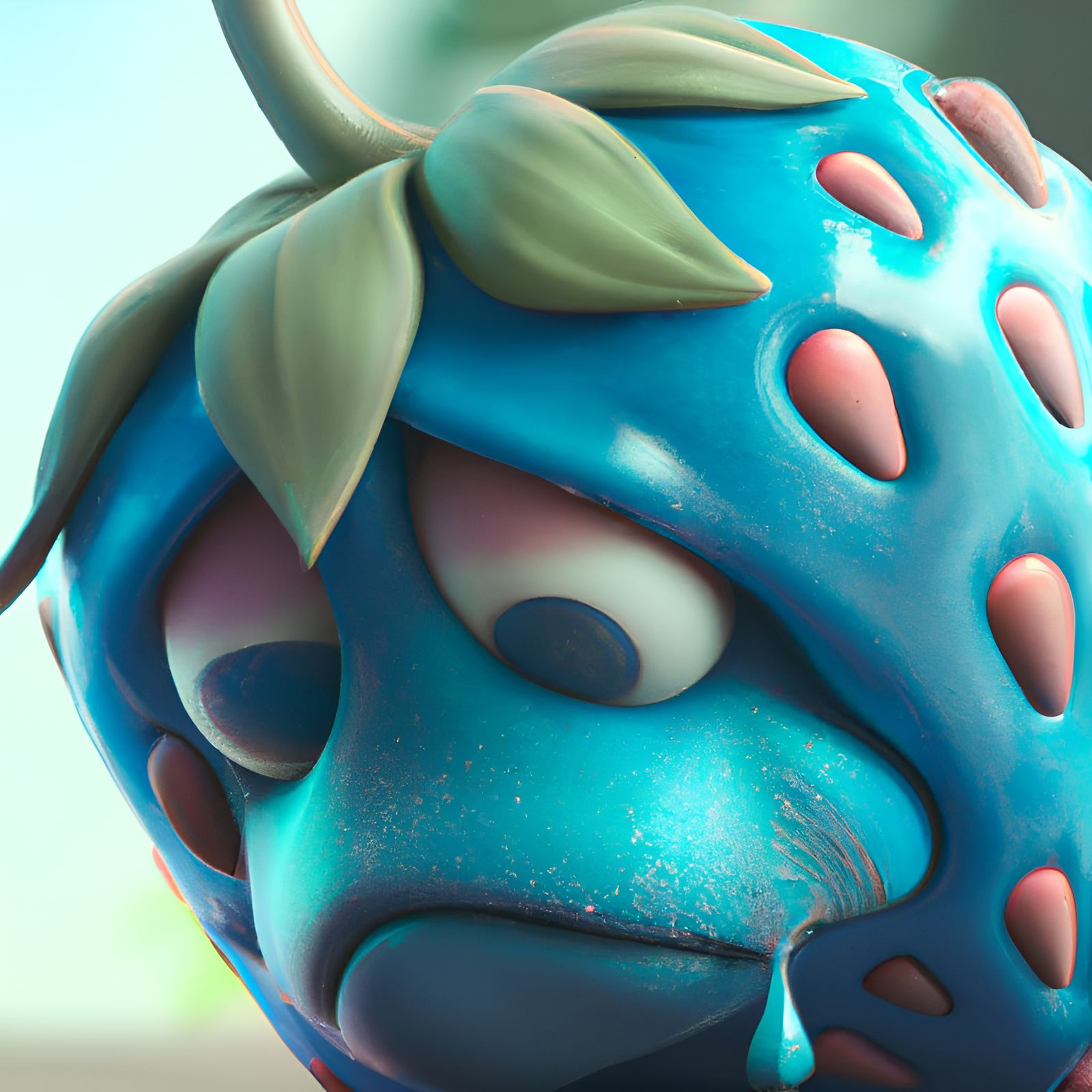 Sad Blue Strawberry Close-Up in 3D Digital Art