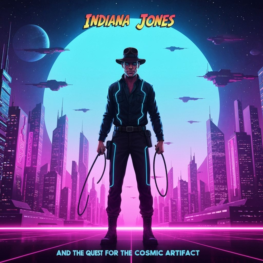 Retro-Futuristic Indiana Jones in Sci-Fi City Poster