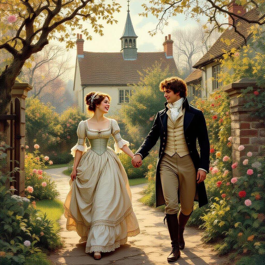 Regency England Garden Scene in Pre-Raphaelite Style