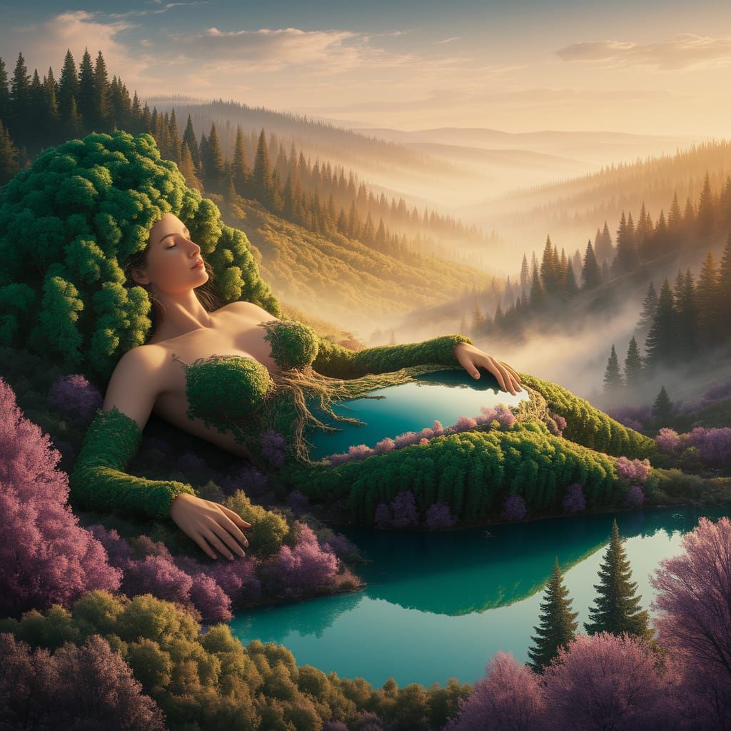Goddess of Nature Reclining in Lush Ecosystem