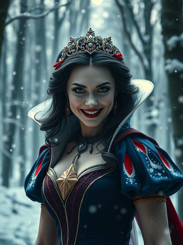 Snow White's Evil Grin in Winter Forest, Hyperrealistic