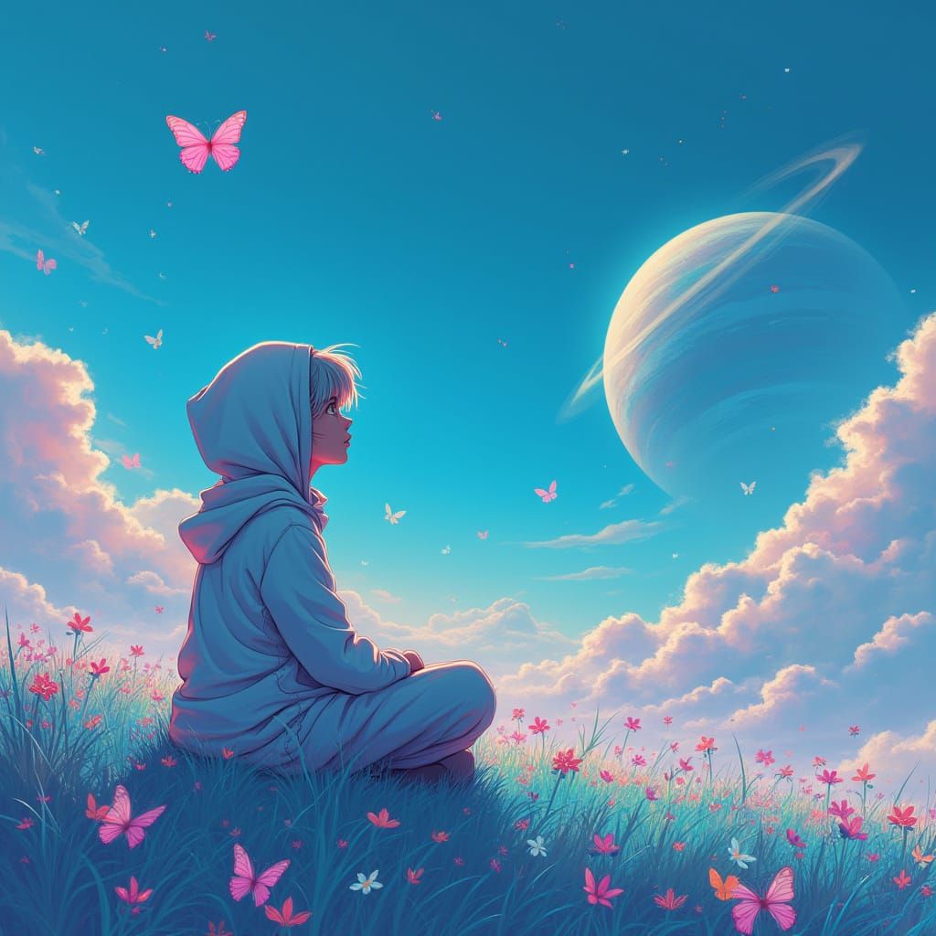 Dreamlike Futuristic Landscape with Thousands of Butterflies...