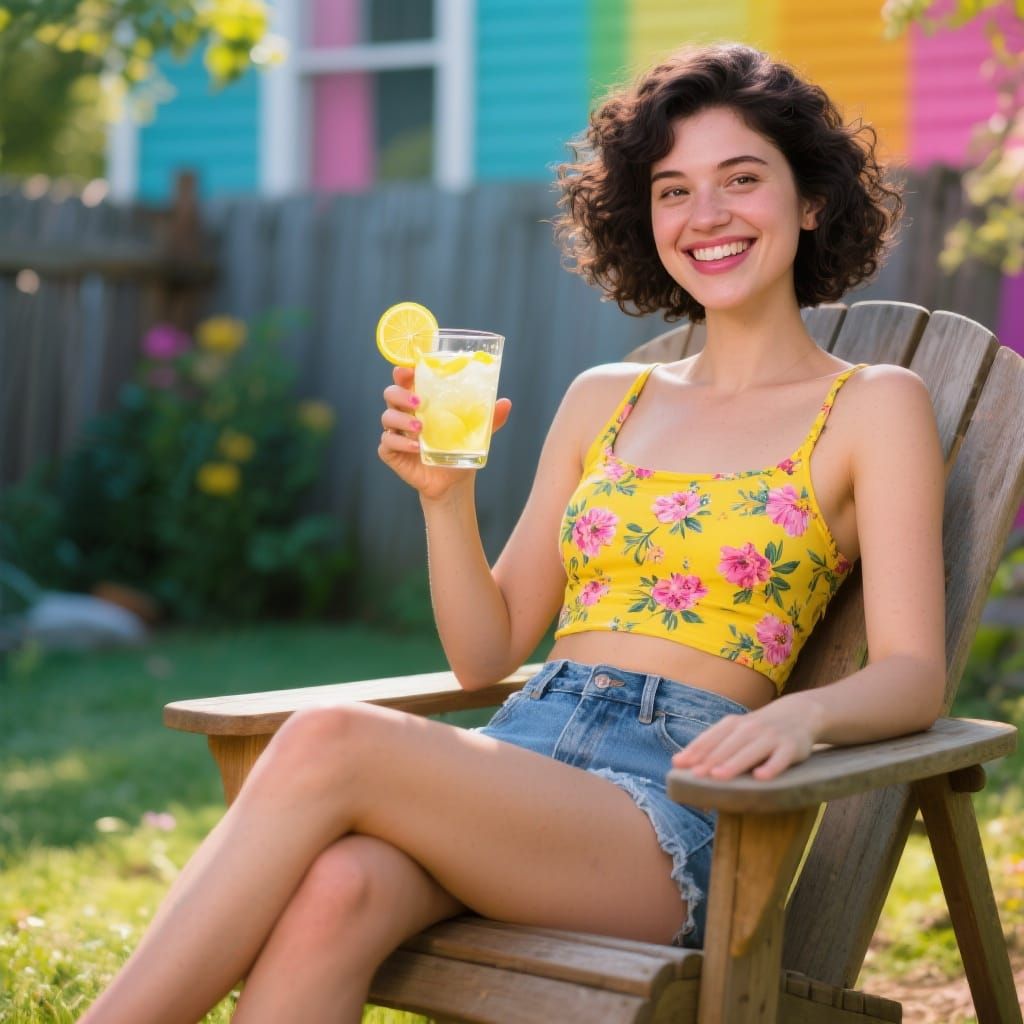Joyful Woman with Lemonade: A Hyperrealistic Portrait