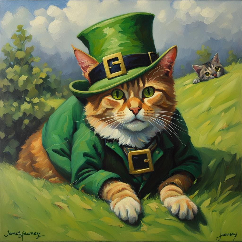 Leprechaun Cat: Oil Painting in Gurney Style