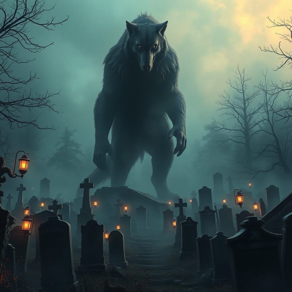 Werewolf in Mist-Shrouded Cemetery: Digital Matte Painting