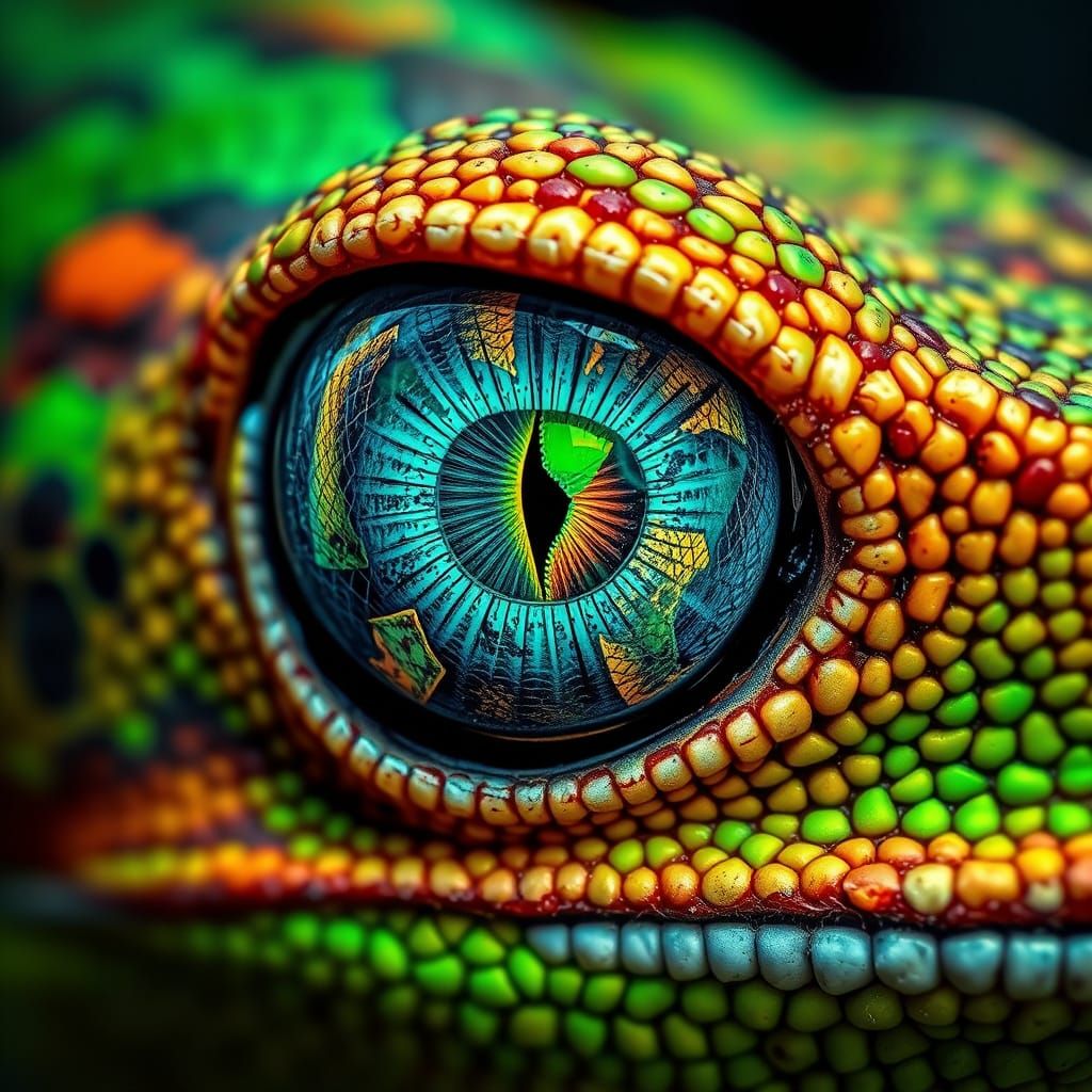 Imagine a hyperrealistic close-up of a chameleon's eye, its intricate patterns and textures meticulously rendered, refle...
