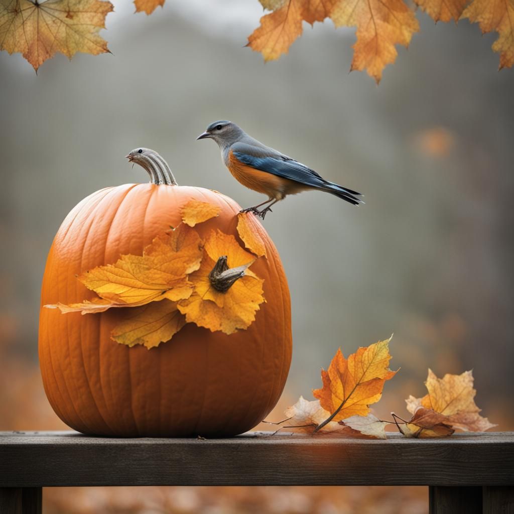 Surreal Double Exposure: Bird and Pumpkin