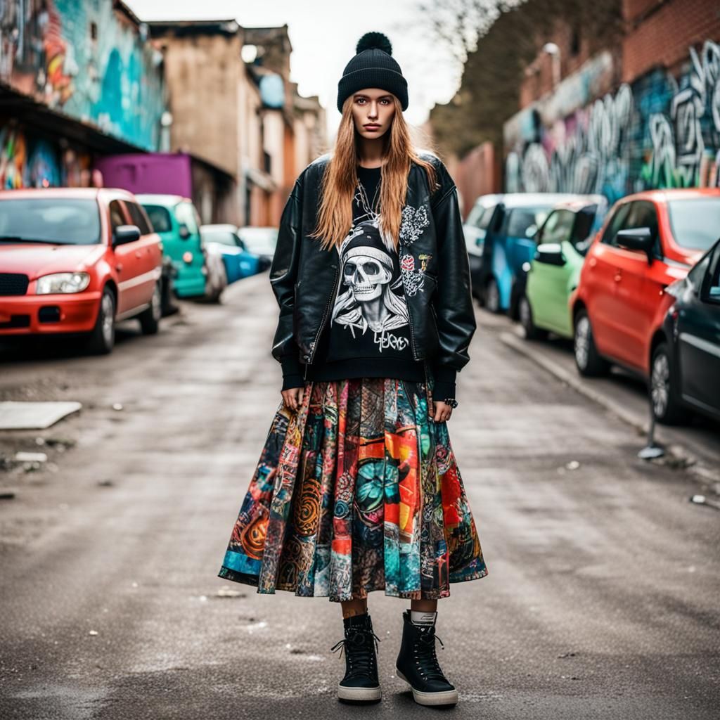 Cool Woman in Streetwear Fashion with Graffiti