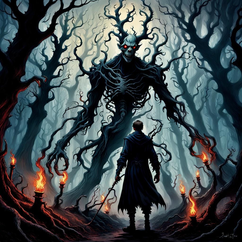 Gothic Dark Fantasy Scene with Demonic Creatures and Twisted...