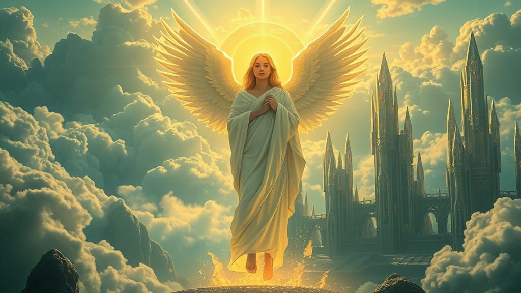 Angelic Figure in Golden Light, Futuristic Landscape
