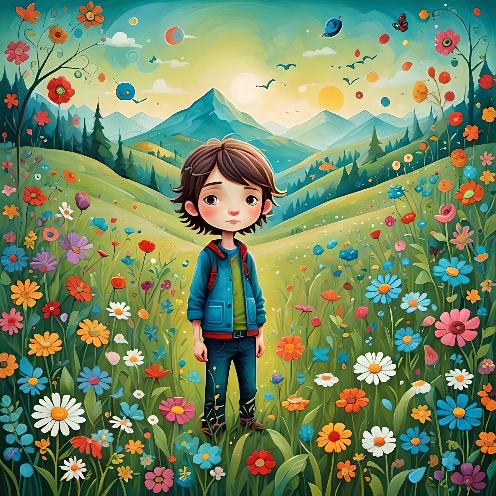 Whimsical Boy on Meadow: Abstract Art Illustration