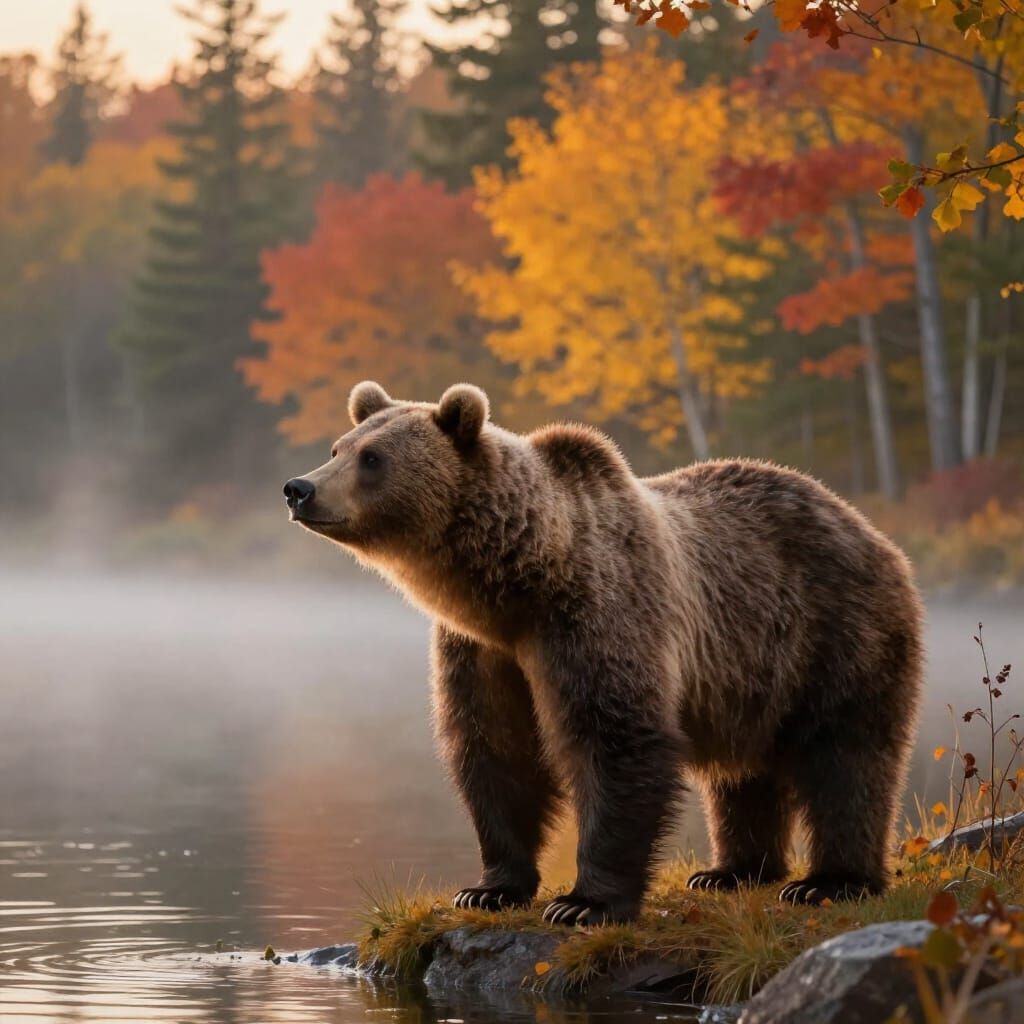 Majestic Grizzly Bear at Autumn Sunrise Lake
