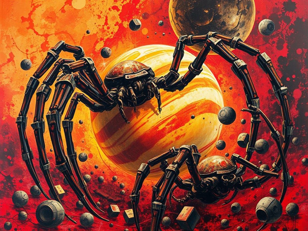 Giant Mechanical Spiders in a Cyberpunk War Scene