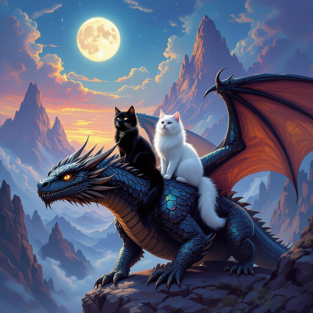 Cats Ride Dragon in Epic Fantasy Landscape