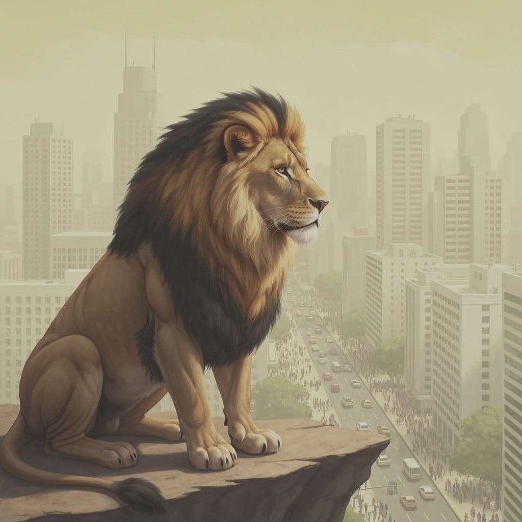 Majestic Lion Overlooks Polluted Cityscape