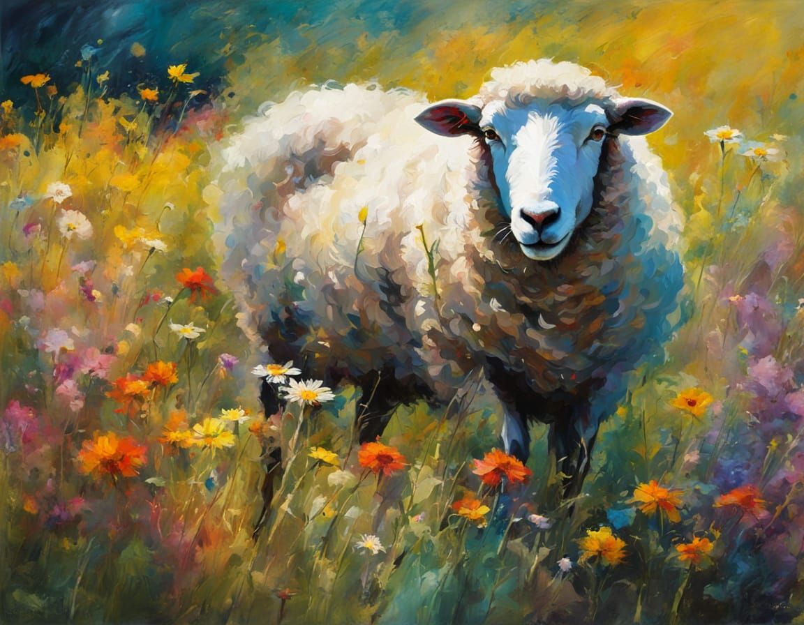 Impressionist Sheep in a Vibrant Floral Landscape