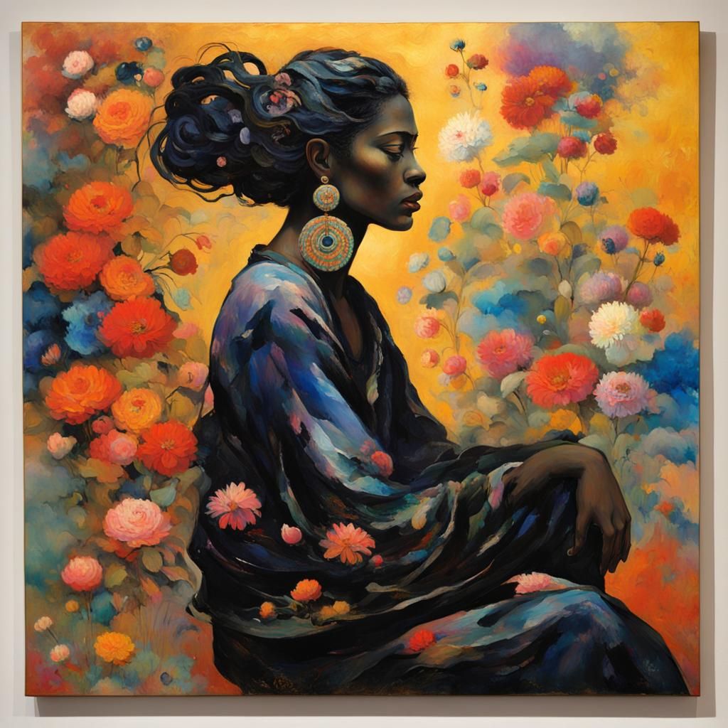 Contemplative Woman with Floral Garment in Fin Art Style